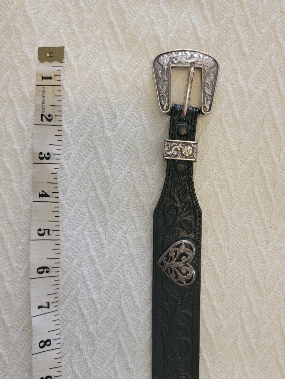 Vintage JUSTIN Leather Western Belt with Silver Floral Buckle Heart Studs